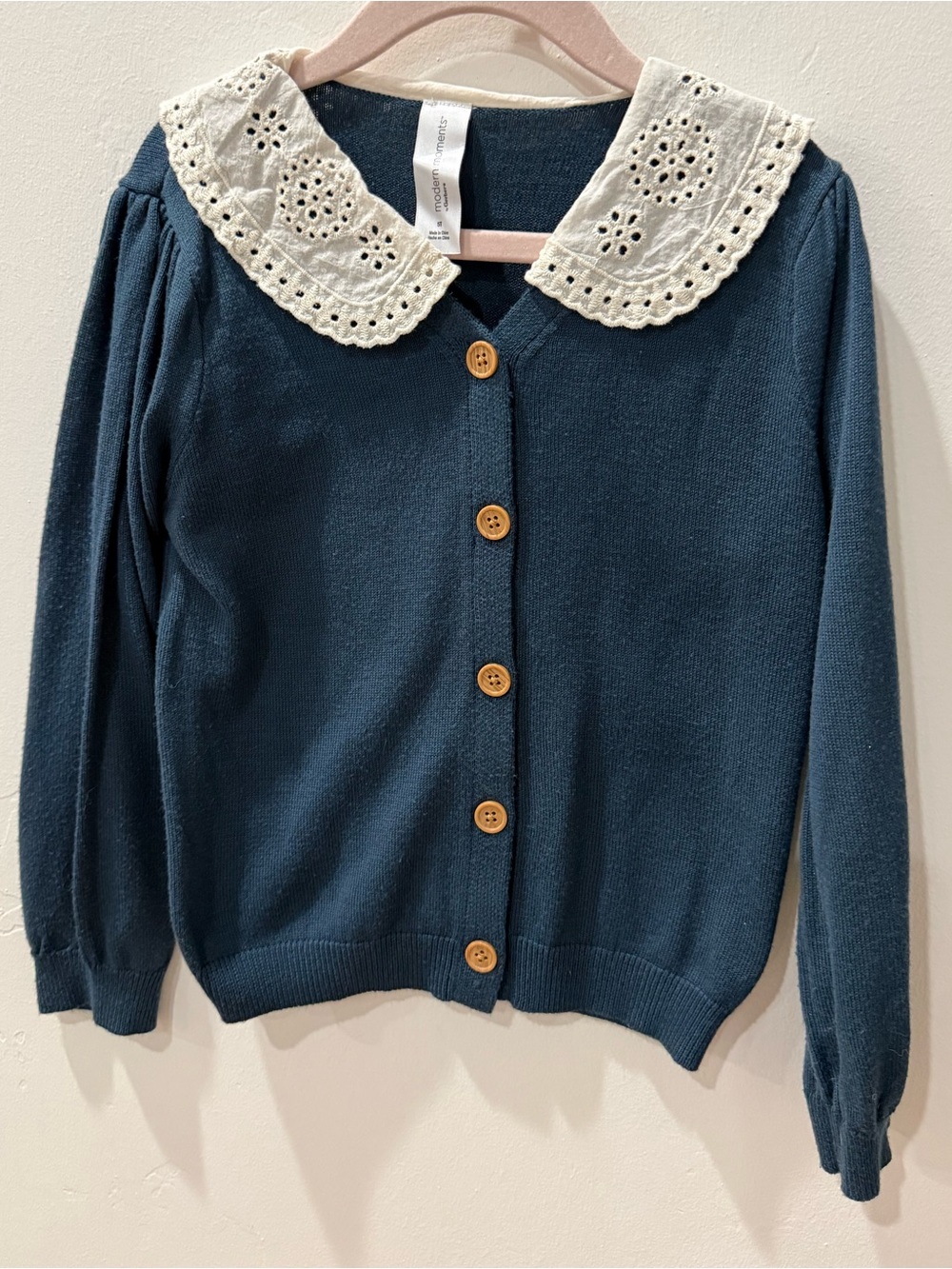 Gerber Navy Blue Knit Cardigan with Cream Eyelet Collar